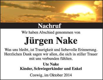Traueranzeige von Jürgen Nake von Super Sonntag Wittenberg