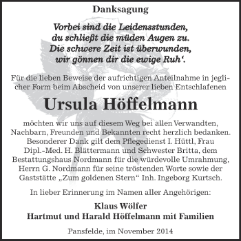 Traueranzeige von Ursula Höffelmann von Wochenspiegel Mansfelder Land