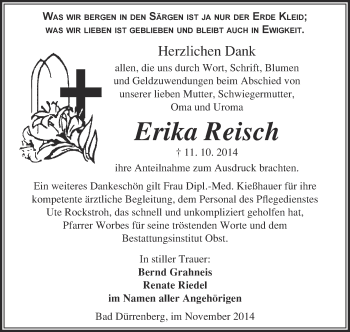 Traueranzeige von Erika Reisch von Super Sonntag Merseburg