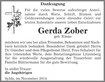 Traueranzeige von Gerda Zober von Wochenspiegel Mansfelder Land
