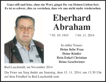 Traueranzeige von Eberhard Abraham von WVG - Wochenspiegel Merseburg