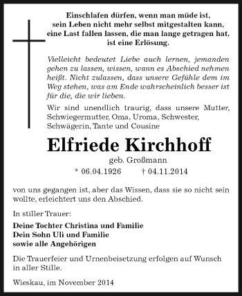 Traueranzeige von Elfriede Kirchhoff von WVG - Wochenspiegel Dessau / Köthen