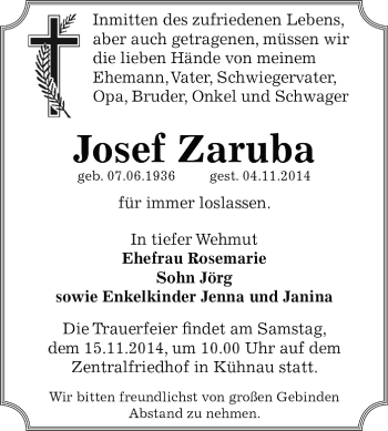 Traueranzeige von Josef Zaruba von WVG - Wochenspiegel Dessau / Köthen
