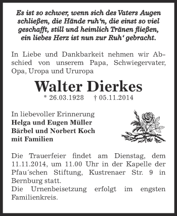 Traueranzeige von Walter Dierkes von Super Sonntag Bernburg