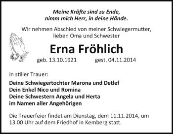 Traueranzeige von Erna Fröhlich von Super Sonntag Wittenberg