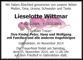 Traueranzeige von Lieselotte Wittmar von Super Sonntag Aschersleben