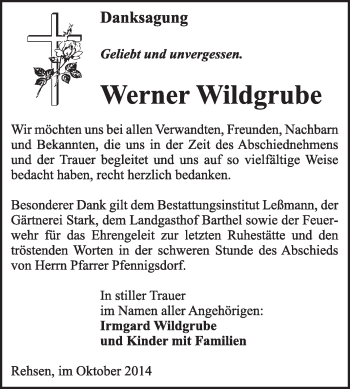 Traueranzeige von Werner Wildgrube von WVG - Wochenspiegel Wittenberg