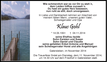 Traueranzeige von Klaus Gohl von Super Sonntag Aschersleben
