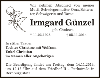 Traueranzeige von Irmgard Günzel von Super Sonntag Bernburg