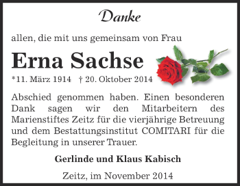 Traueranzeige von Erna Sachse von Super Sonntag Zeitz