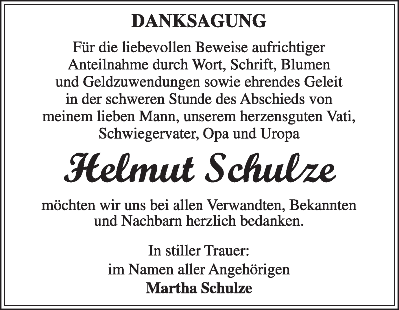  Traueranzeige für Helmut Schulze vom 09.11.2014 aus Super Sonntag Dessau / Köthen