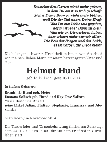 Traueranzeige von Helmut Hund von Super Sonntag Aschersleben
