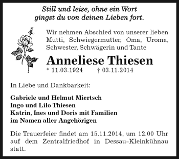 Traueranzeige von Anneliese Thiesen von WVG - Wochenspiegel Dessau / Köthen