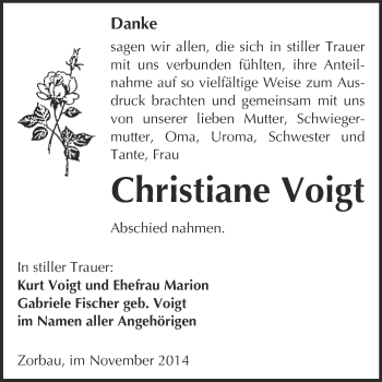 Traueranzeige von Christiane Voigt von WVG - Wochenspiegel NMB / WSF / ZTZ