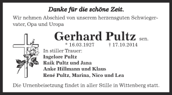 Traueranzeige von Gerhard Pultz von Super Sonntag Bernburg