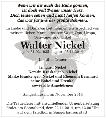 Traueranzeige von Walter Nickel von Super Sonntag SGH Mansf. Land