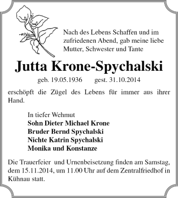 Traueranzeige von Jutta Krone-Spychalski von WVG - Wochenspiegel Dessau / Köthen