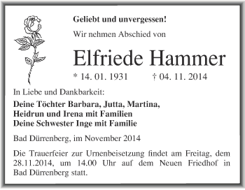 Traueranzeige von Elfriede Hammer von Super Sonntag Merseburg