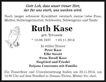 Traueranzeige von Ruth Kase von WVG - Wochenspiegel Dessau / Köthen