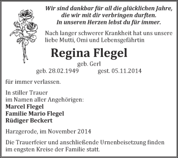 Traueranzeige von Regina Flegel von Super Sonntag Quedlinburg