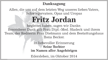 Traueranzeige von Fritz Jordan von Super Sonntag SGH Mansf. Land