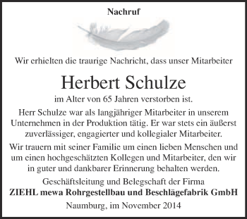 Traueranzeige von Herbert Schulze von WVG - Wochenspiegel NMB / WSF / ZTZ