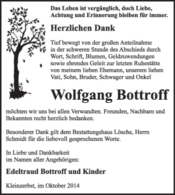 Traueranzeige von Wolfgang Bottroff von WVG - Wochenspiegel Wittenberg