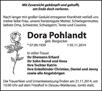 Traueranzeige von Dora Pohlandt von Super Sonntag Dessau / Köthen