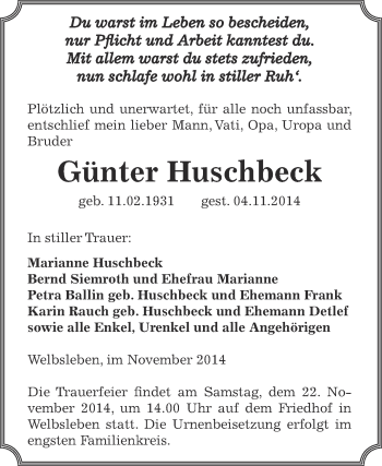 Traueranzeige von Günter Huschbeck von WVG - Wochenspiegel Aschersleben