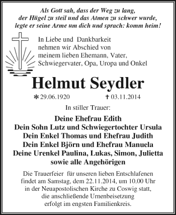 Traueranzeige von Helmut Seydler von WVG - Wochenspiegel Dessau / Köthen