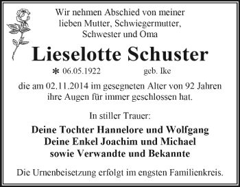 Traueranzeige von Lieselotte Schuster von WVG - Wochenspiegel Dessau / Köthen