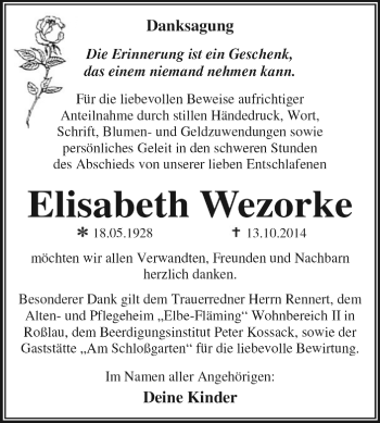 Traueranzeige von Elisabeth Wezorke von WVG - Wochenspiegel Dessau / Köthen