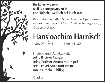 Traueranzeige von Hansjoachim Harnisch von WVG - Wochenspiegel NMB / WSF / ZTZ