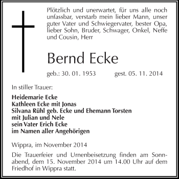 Traueranzeige von Bernd Ecke von Super Sonntag SGH Mansf. Land