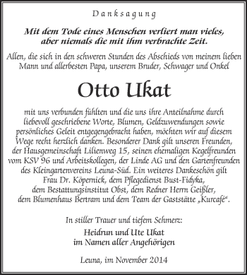 Traueranzeige von Otto Ukat von Super Sonntag Merseburg