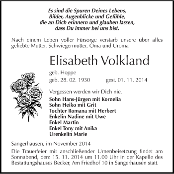 Traueranzeige von Elisabeth Volkland von Super Sonntag SGH Mansf. Land