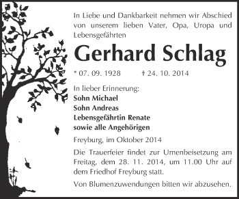 Traueranzeige von Gerhard Schlag von WVG - Wochenspiegel NMB / WSF / ZTZ