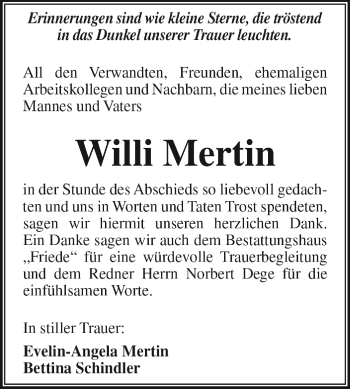 Traueranzeige von Willi Mertin von WVG - Wochenspiegel Dessau / Köthen
