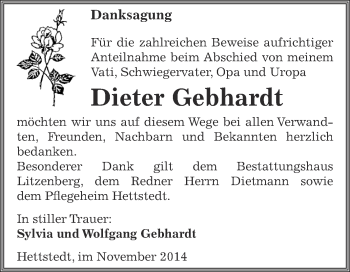 Traueranzeige von Dieter Gebhardt von Super Sonntag SGH Mansf. Land