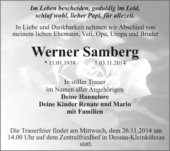 Traueranzeige von Werner Samberg von WVG - Wochenspiegel Dessau / Köthen