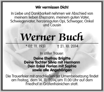 Traueranzeige von Werner Buch von WVG - Wochenspiegel Wittenberg