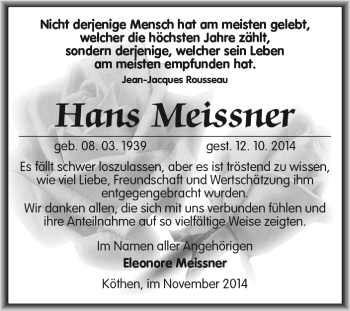 Traueranzeige von Hans Meissner von WVG - Wochenspiegel Dessau / Köthen