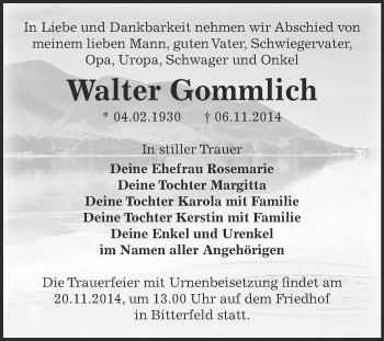 Traueranzeige von Walter Gommlich von WVG - Wochenspiegel Bitterfeld