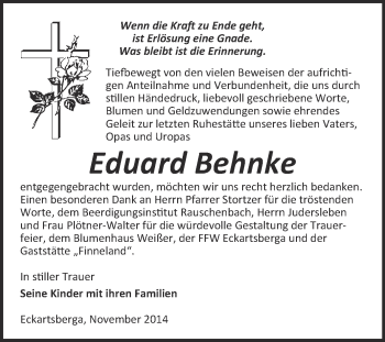 Traueranzeige von Eduard Behnke von WVG - Wochenspiegel NMB / WSF / ZTZ