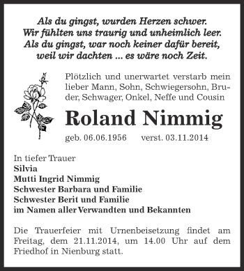 Traueranzeige von Roland Nimmig von Super Sonntag Bernburg