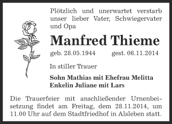 Traueranzeige von Manfred Thieme von Super Sonntag Bernburg