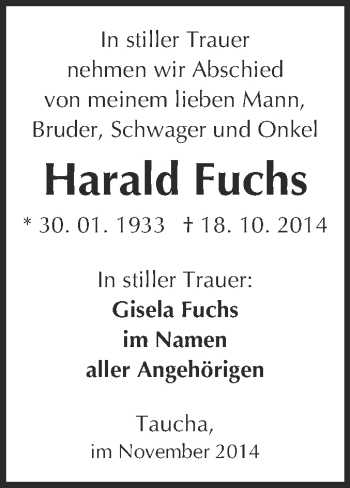 Traueranzeige von Harald Fuchs von WVG - Wochenspiegel NMB / WSF / ZTZ