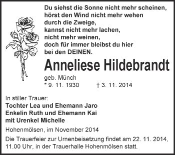 Traueranzeige von Anneliese Hildebrandt von WVG - Wochenspiegel NMB / WSF / ZTZ