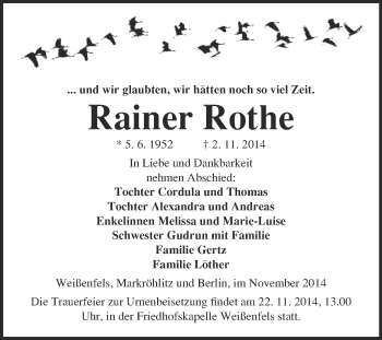 Traueranzeige von Rainer Rothe von WVG - Wochenspiegel NMB / WSF / ZTZ