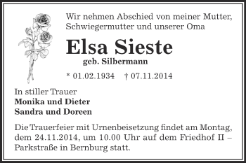 Traueranzeige von Elsa Sieste von Super Sonntag Bernburg